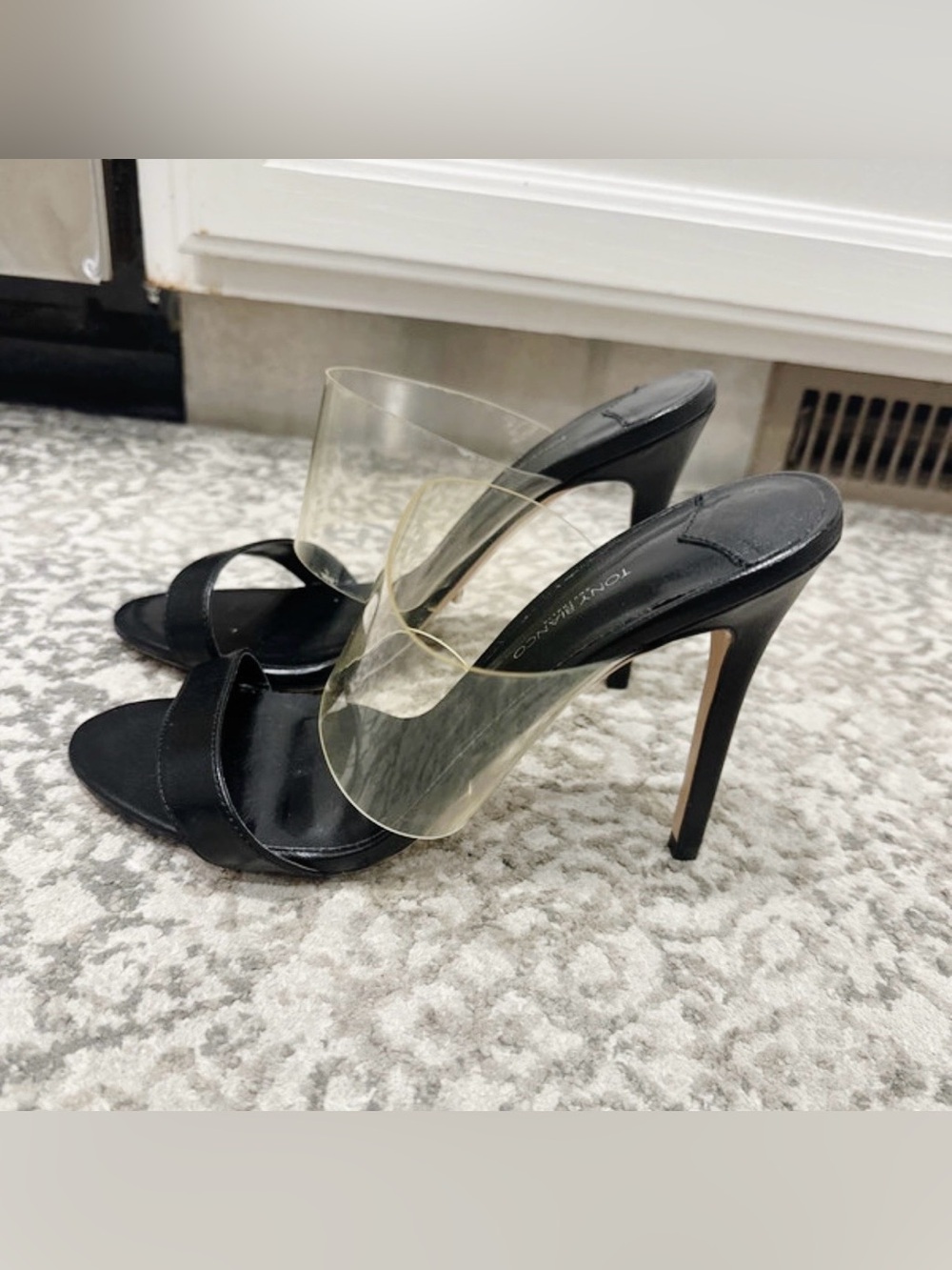 Tony Bianco Black Leather & Clear Strap Heels Size 8